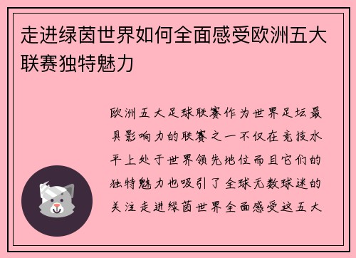 走进绿茵世界如何全面感受欧洲五大联赛独特魅力